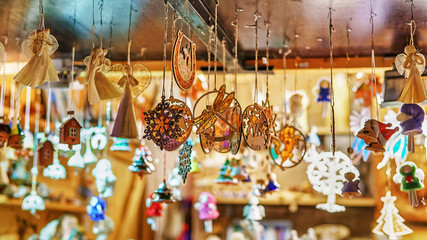 Ceramic souvenirs at Christmas market stall in Riga