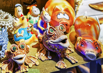 Ceramic animal figures at the stall during Riga Christmas market