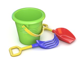 Toy bucket, rake and spade. 3D