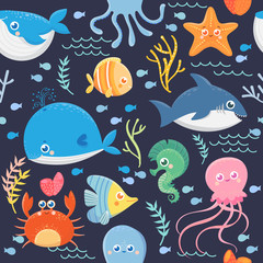 Seamless pattern of sea life. Funny sea animals. Vector collection