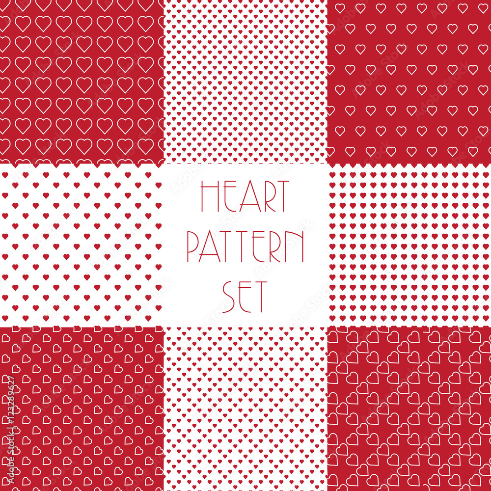 Poster 8 heart shape vector seamless patterns. red color. various valentines day background for invitation 