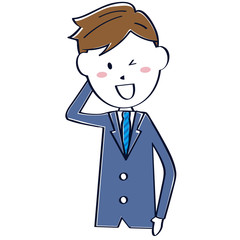 線画の青いスーツのかわいいサラリーマン　照れる