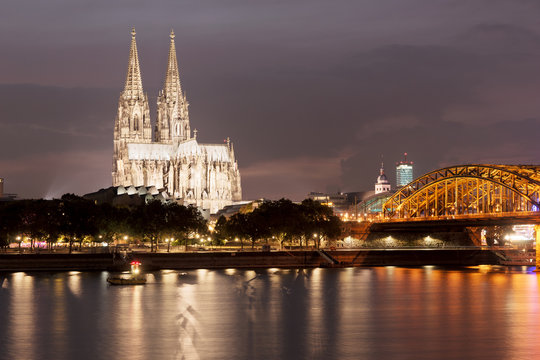 Illuminated Cologne Cathedral at night in Cologne