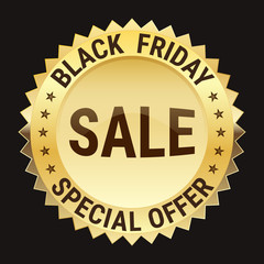 Black friday special offer on gold badge on black background