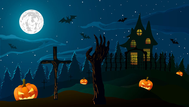 Vector illustration. Halloween. Pumpkin Jack and the zombies hand on background of the old house, cemetery and full moon.
