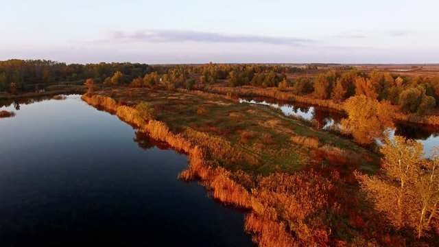 aerial view abowe autumn forest with river at sunset