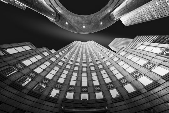 Fototapeta Fine Art, black and white, abstract, upward perspective of New York skyscrapers