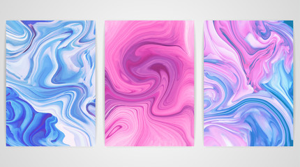 Three paintings with marbling. Marble texture. Paint splash. Colorful fluid. It can be used for poster, brochure, invitation, cover book, catalog. Size A4. Vector illustration, eps10.