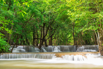 Beautiful nature Waterfall in Kanjanaburi, Thailand (Huai Mae Khamin Falls) and forrest