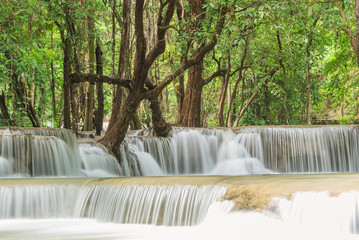 Beautiful nature Waterfall in Kanjanaburi, Thailand (Huai Mae Khamin Falls) and forrest