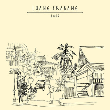 Old Lao lady in the street in Luang Prabang, Laos, Southeast Asia. Vintage hand drawn touristic postcard