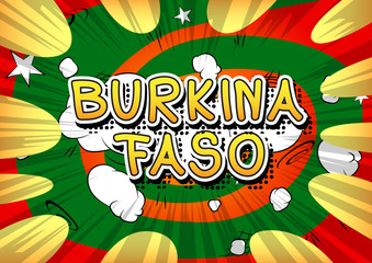 Burkina Faso - Comic book style text on comic book abstract background.