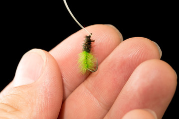 fly to catch fish in a hand on a black background