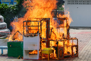 Chinese ceremony burn gold paper and useful things to ancestor.