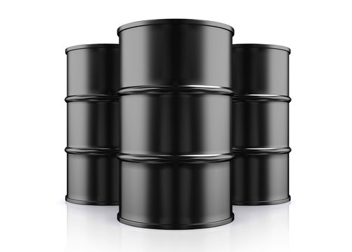 3D illustration of Black Metal Oil Barrels on White Background.