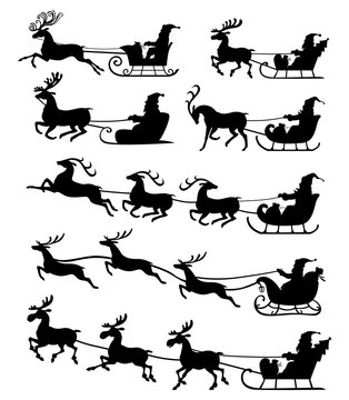 Christmas silhouette Santa Claus riding on reindeer sleigh set i