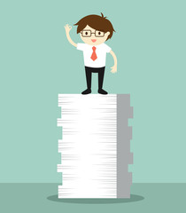 Business concept, Businessman is standing on the tops of papers. Vector illustration.