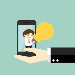 Business concept, businessman offer/sell an idea via smartphone. Vector illustration.