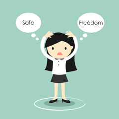 Business concept, Business woman confused between safe and freedom. Vector illustration