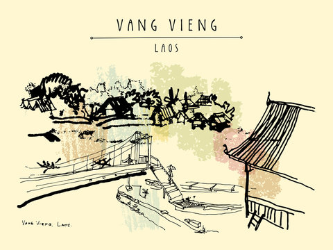 Bridge, riverside and a guesthouse in Vang Vieng, Laos, Southeast Asia. Vintage hand drawn touristic postcard or poster, calendar or book illustration