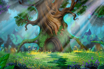 Fototapeta na wymiar Morning Forest. Video Game's Digital CG Artwork, Concept Illustration, Realistic Cartoon Style Background 