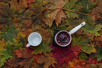 Cezve and empty cup on the maple leaves background.