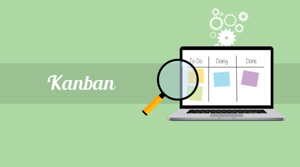 kanban workflow project management with laptop and magnifying glass  stick notes