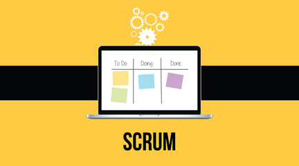 scrum methodology with laptop and sticky notes  yellow background