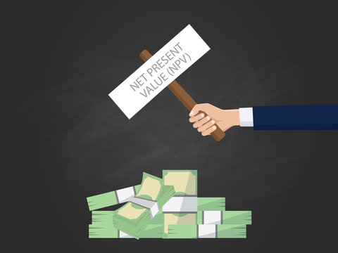 npv net present value illustration with businessman hand holding a banner on top of cash money