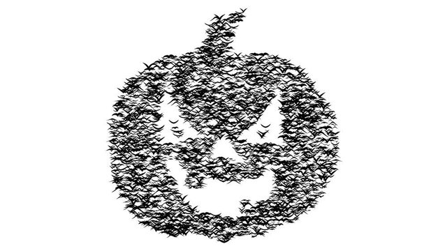 A flock of flying birds forms pumpkin. Jack-o'-lantern formed by birds. 3D flock of birds, presentation for Halloween, looping animation.