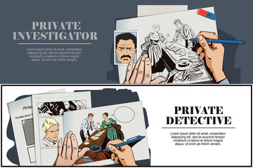 Private detective and girl. Hand paints picture.