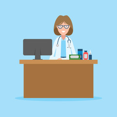 Obraz premium Doctor in the cabinet. Funny smiling female doctor sitting in the medical cabinet. Medical treatment, first aid.