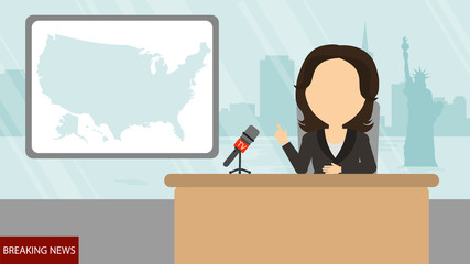 Breaking news on tv. Female news reporter with microphone sitting at the table. Latest information. Tv screen with headline.