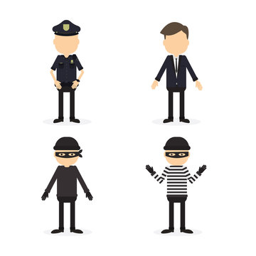 Police and crime set. Isolated funny cartoon character on white background. Robber, thief and two police officers.