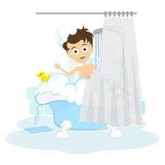 Man takes shower. Happy smiling cartoon man in the tube with foam, bubbles and yellow duck.
