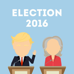 October. 03, 2016. American presidential election. Two politicians standing on blue background. 2016 election campaign. Woman politician in red suit. Hillary Clinton and Donald Trump