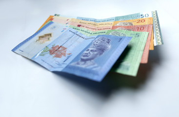 Malaysian ringgit currency on white background