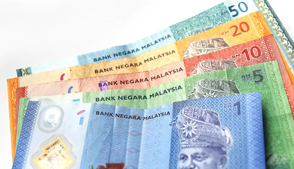 Malaysian ringgit currency on white background
