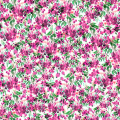Watercolor Vintage seamless pattern of a vegetative pattern, berries, leaves, pink and green
