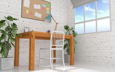 Home office room interior in modern and loft decoration with cork board and blank memo paper, study or working desk and table lamp