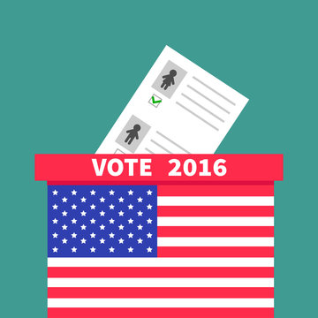 American flag Ballot Voting box with paper blank bulletin Man Woman concept. Polling station. President election day Vote 2016. Isolated Green background Flat design Card