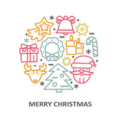 Christmas greeting card with line icons elements.