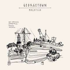 Fort Cornwallis in Georgetown, Penang, Malaysia, Southeast Asia. Wall, canons. Hand drawing. Travel sketch. Book illustration, postcard or poster