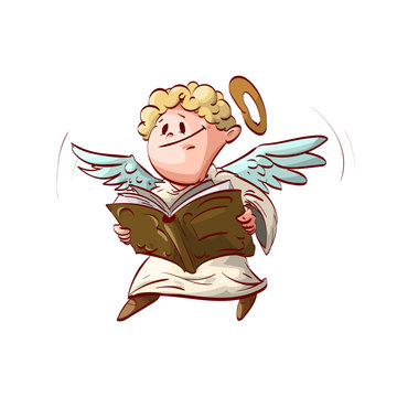 Colorful vector illustration of a Cartoon cute angel, holding and reading a book.