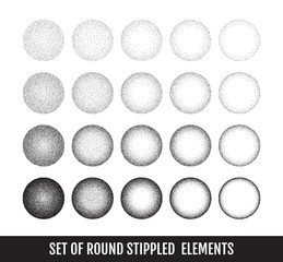 Set of black and white grainy dotwork circle elements. Retro halftone stippled backgrounds.