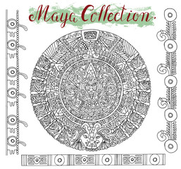 Graphic set with maya calendar circle and mystic symbols