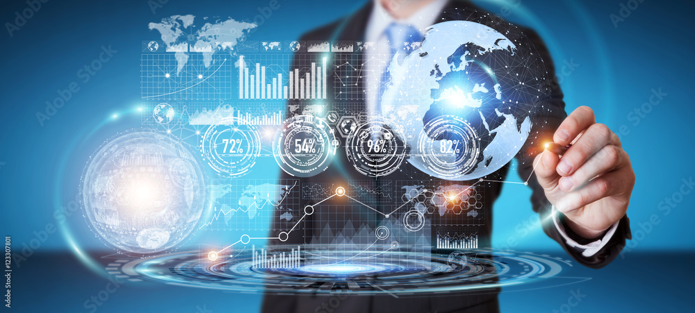 Poster businessman using hologram screen with digital data