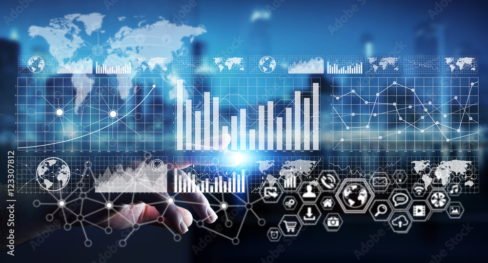 Aufkleber Businessman touching digital graph interface 3D rendering