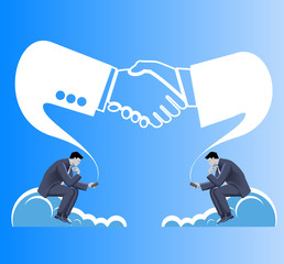 Deals are made in cloud business concept. Two businessmen in suits seat on clouds and establishing connection via their smart phones. Business in web or cloud, partnership, searching for opportunities