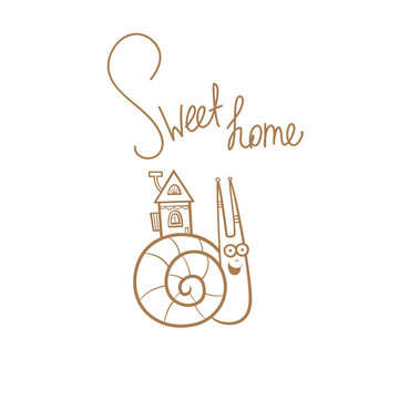  Cartoon funny snail.  Hand drawn vector contour  image no fill. Sweet home.